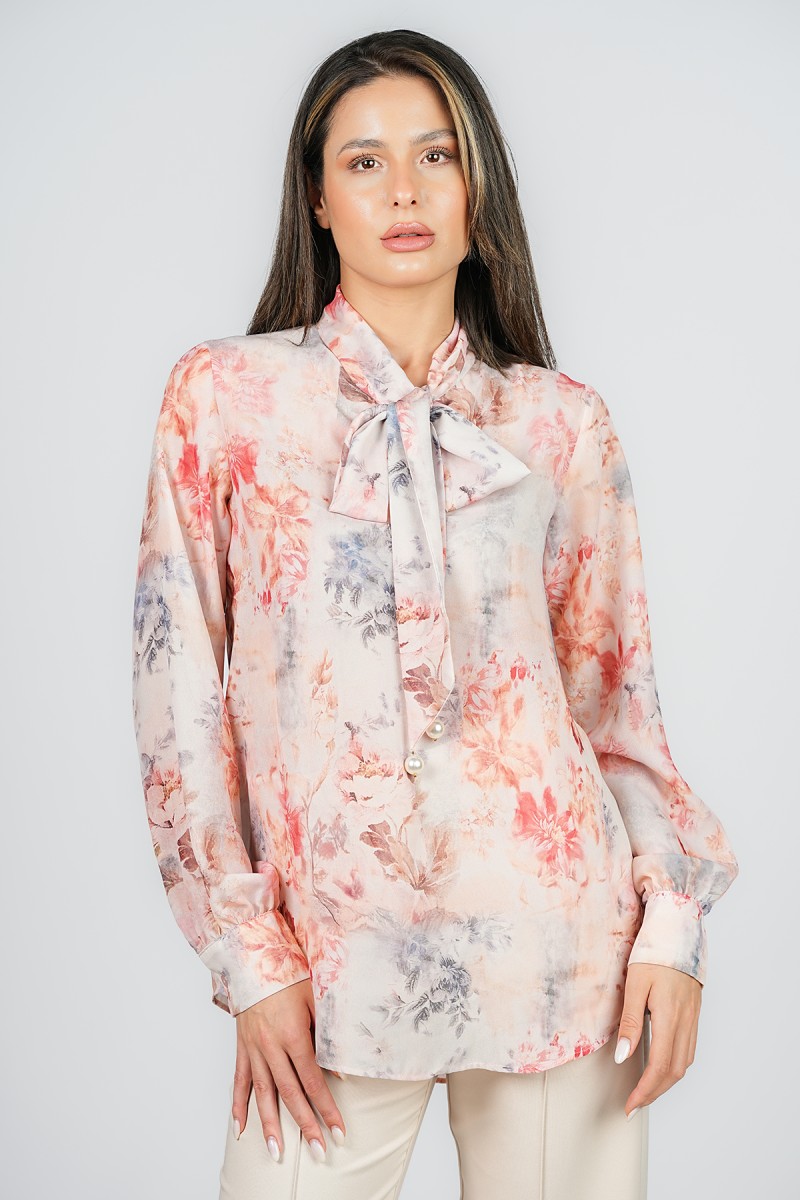 Blouse fleurie à col noué