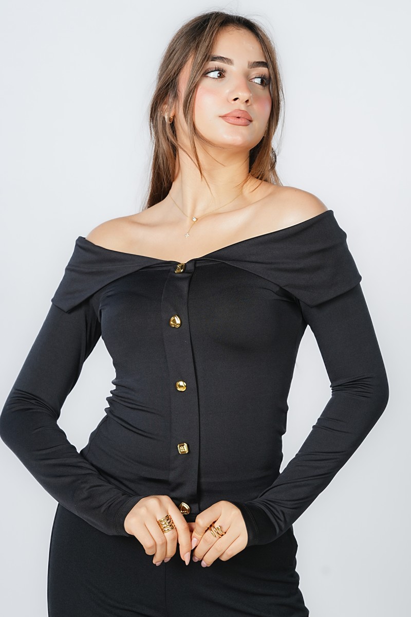 Pull Ajusté à Épaules Dénudées et Boutons Dorés