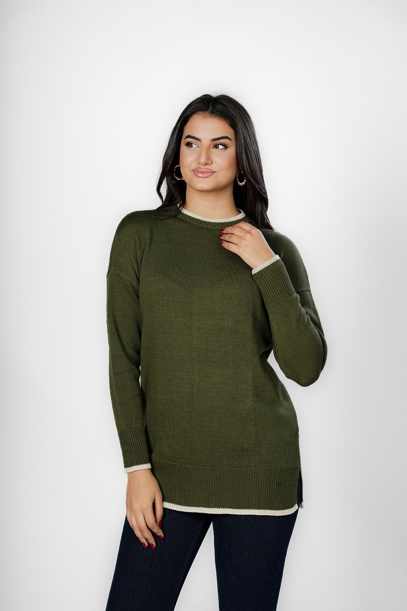 Pull Long Col Rond à Bordures Contrastées