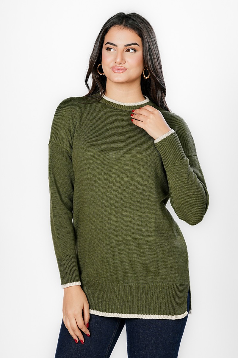 Pull Long Col Rond à Bordures Contrastées