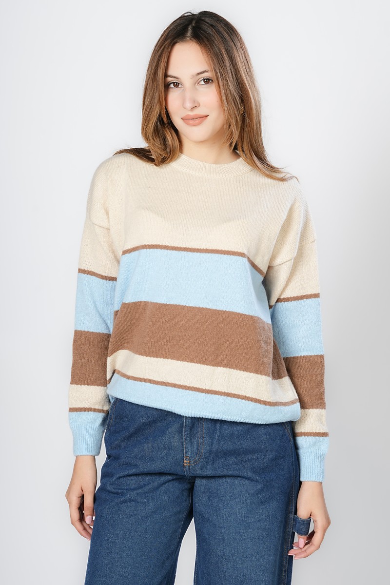 Pull rayé beige bleu marron