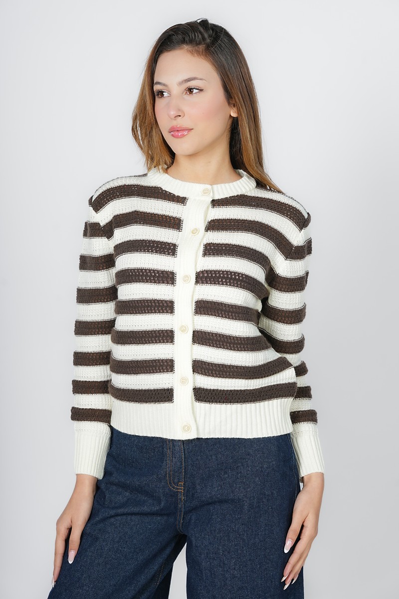 Cardigan Ajusté en Maille à Rayures et Col Rond