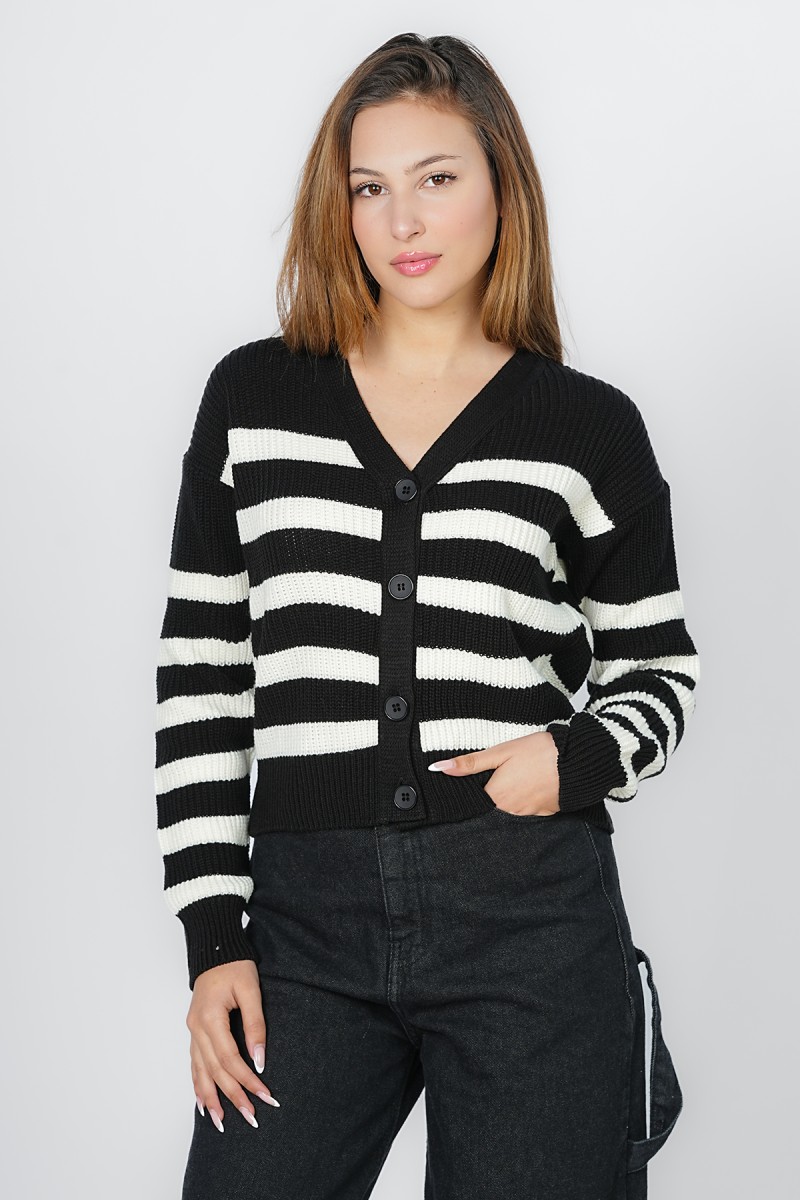 Cardigan Court en Grosse Maille Rayée avec Boutonnage Frontal