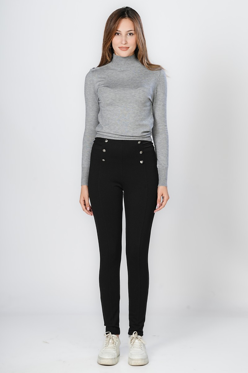 Legging Skinny Taille Haute avec Boutons Décoratifs Militaire