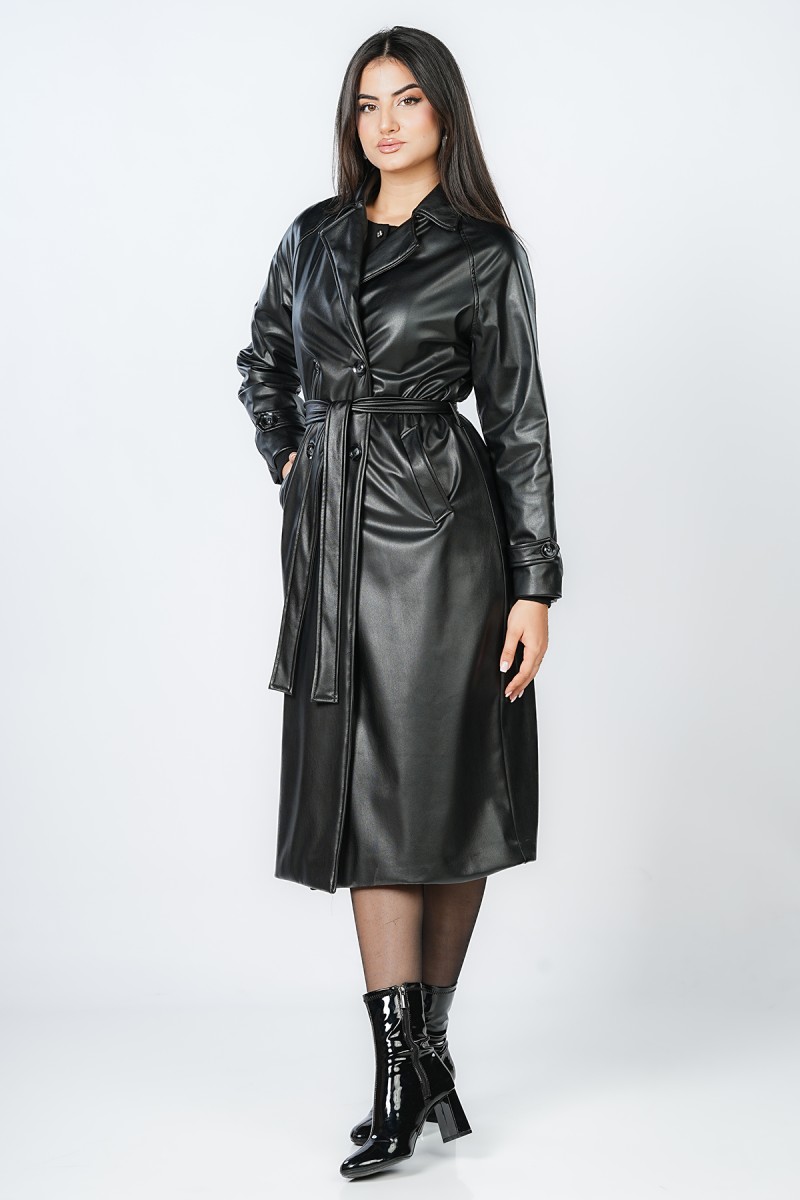 Trench-Coat Long en Similicuir à Ceinture