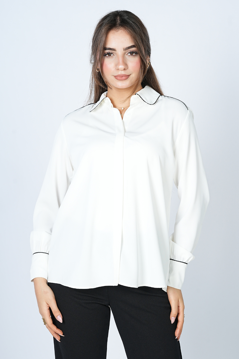 Chemise Fluide à Passepoil Contrasté et Poignets Volantés