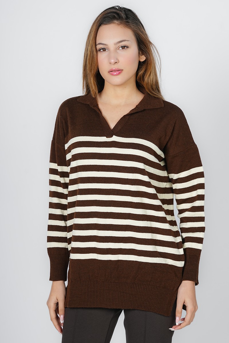 Pull Oversize en Maille Rayée avec Col Polo Ouvert