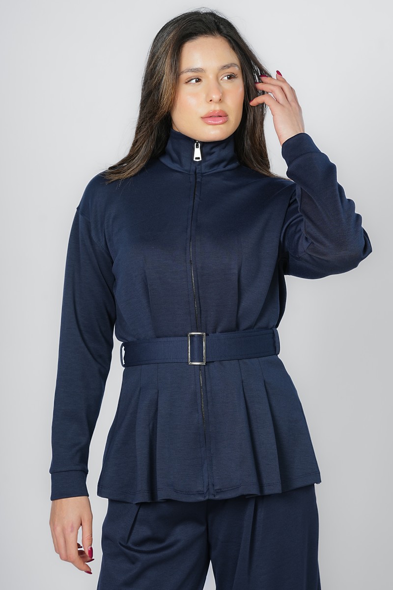 Veste Zippée à Basque et Ceinture Ajustable - Col Montant