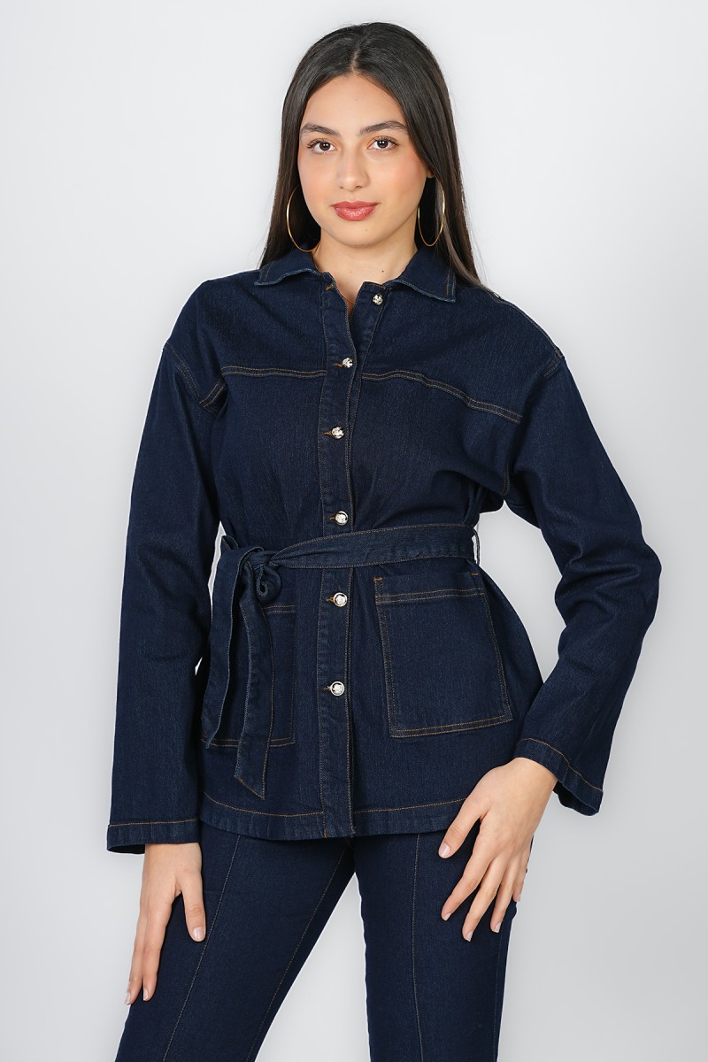 Surchemise en Denim Ceinturée à Poches Plaquées