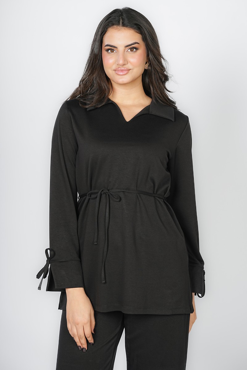 Pull Long Chic – Col Moderne & Nœuds aux Manches