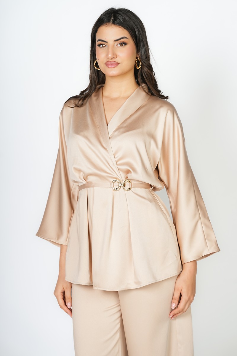 Liquette Portefeuille à Col V – Taille Marquée et Manches Amples