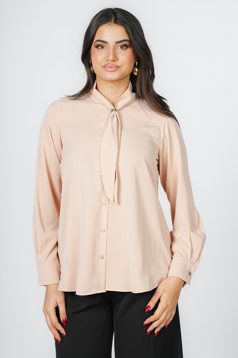 Chemisier Fluide à Lavallière et Détails Dorés