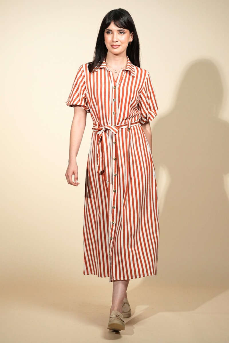 Robe Rayée à Manches Bouffantes