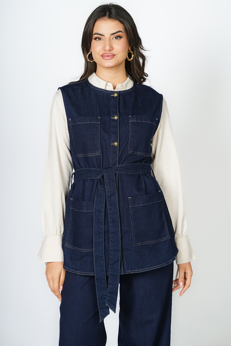 Jacket denim sans manches à col rond