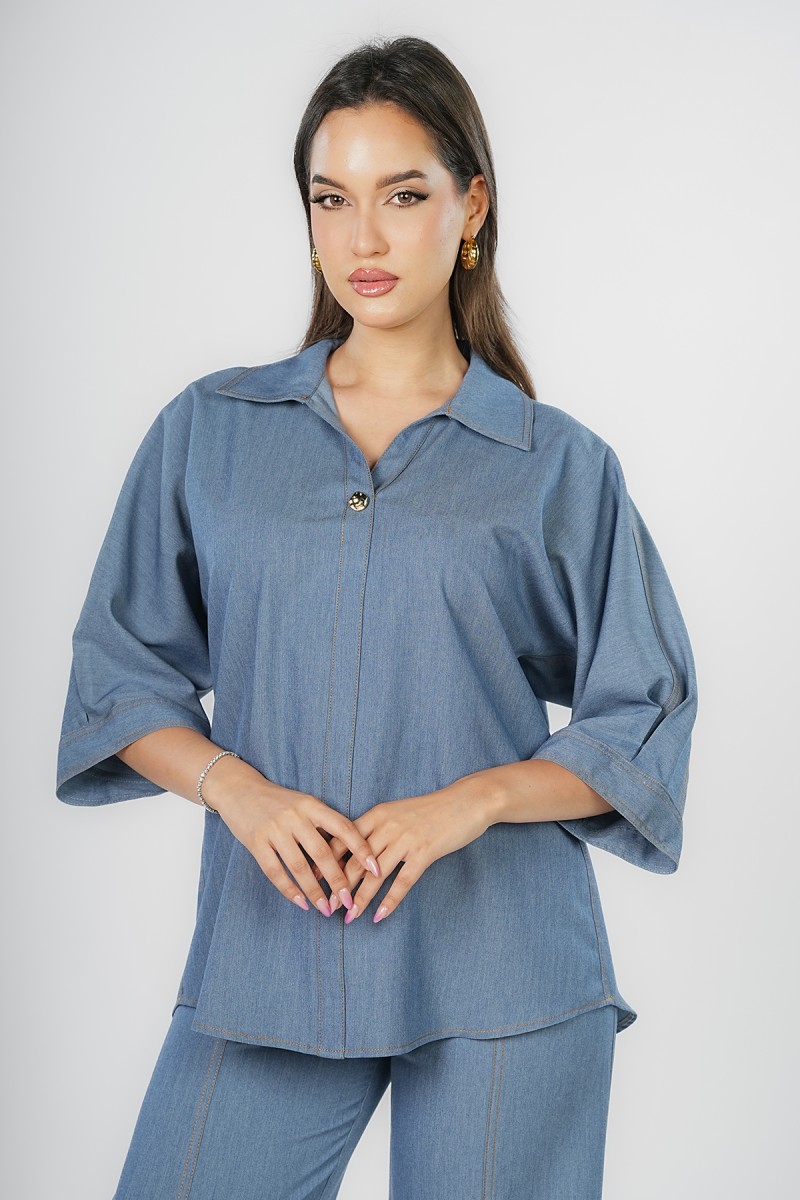 Blouse Denim à Manches Plissées