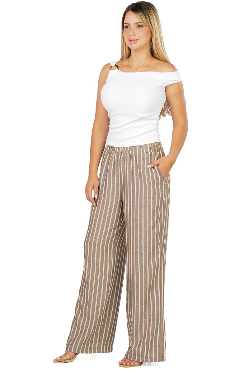 Pantalon Large Rayé à Taille Élastique