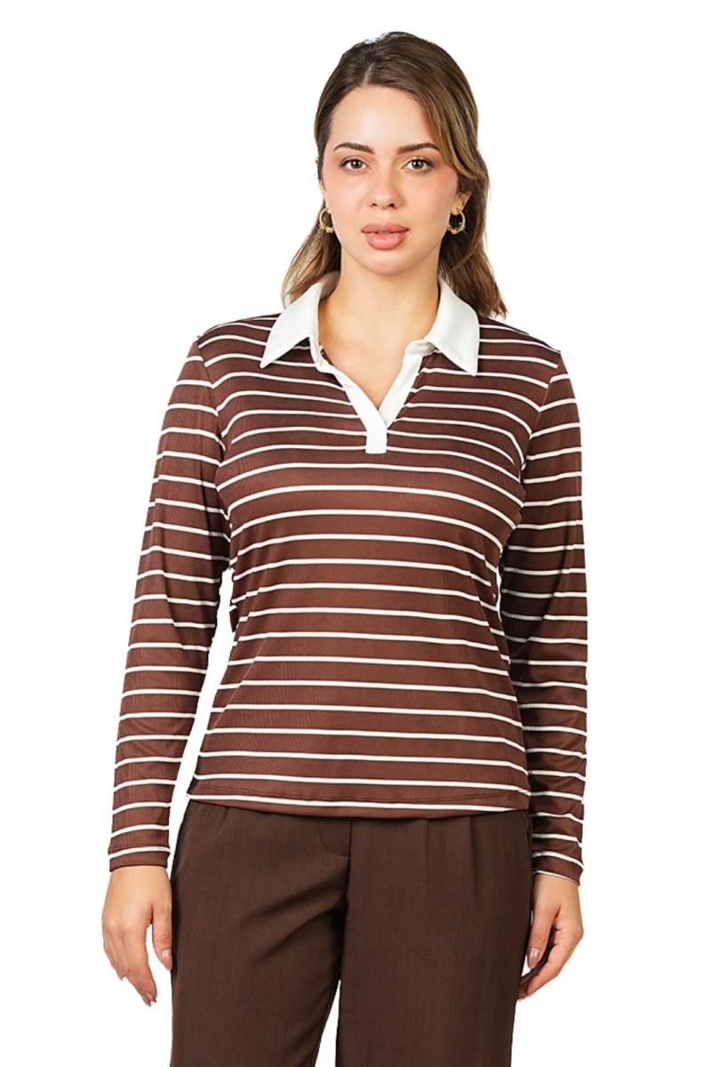 Pull Rayé à Col Chemise en V