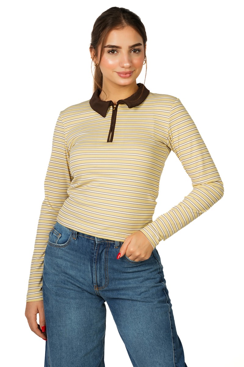 Pull à Col Polo Zippé à Rayures
